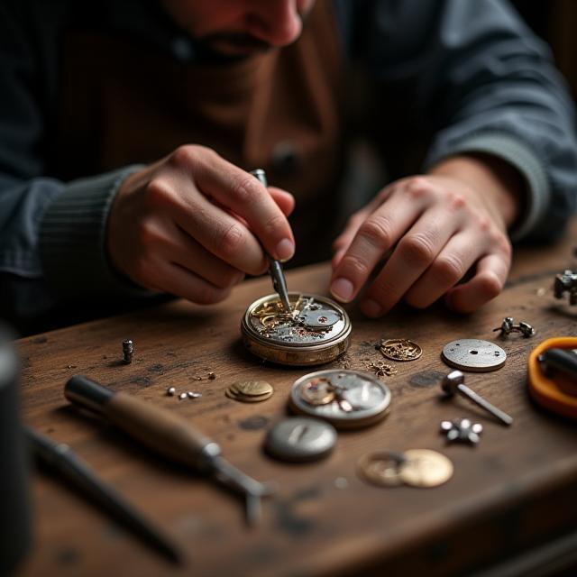 Watchmaker working at wooden bench